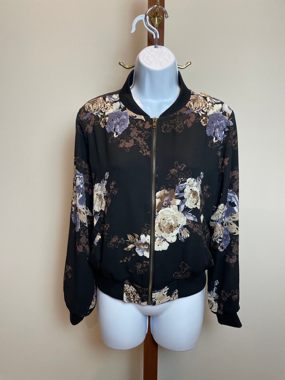 Fab’rik Size S Black Layered Chiffon Jacket with Neutral Floral Print